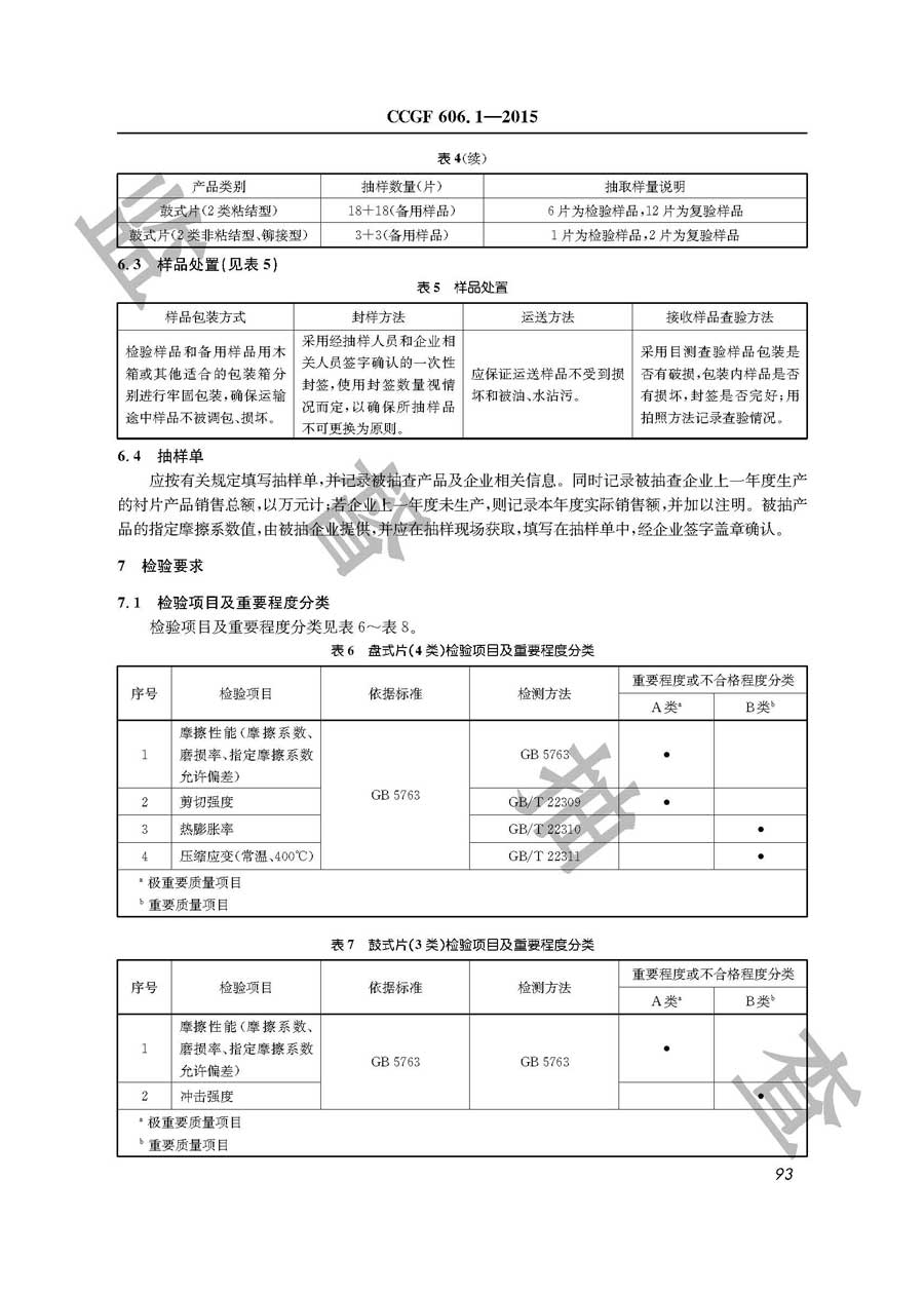 汽车用制动器衬片产品质量监督抽查实施规范