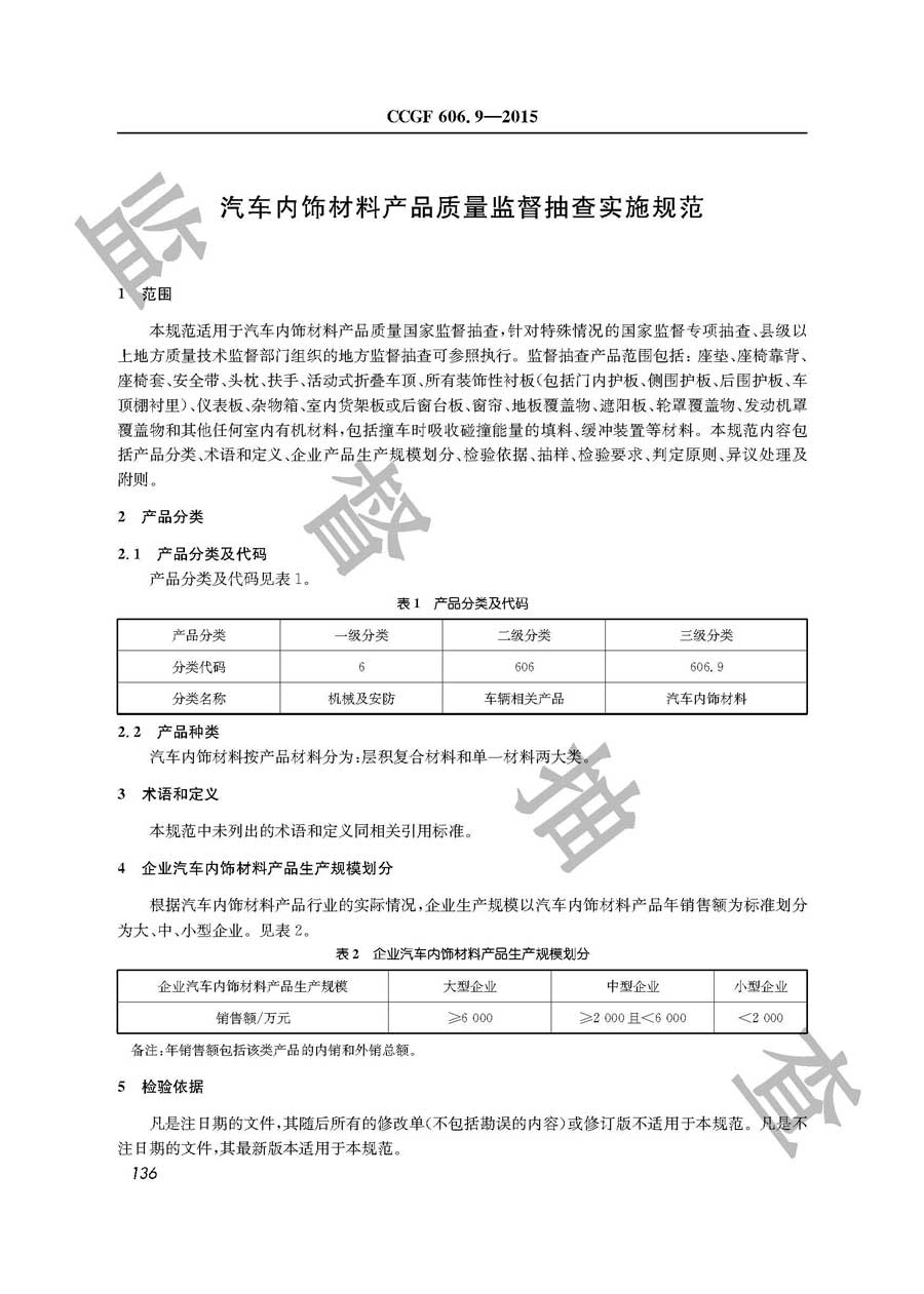 汽车内饰材料产品质量监督抽查实施规范